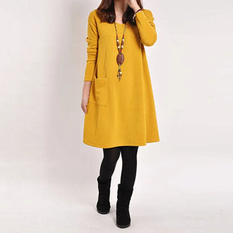 Autumn Winter Long Blusas Women Long Sleeve Pocket Dress Solid O Neck Casual Loose Dresses Vestidos Plus Size S-5XL