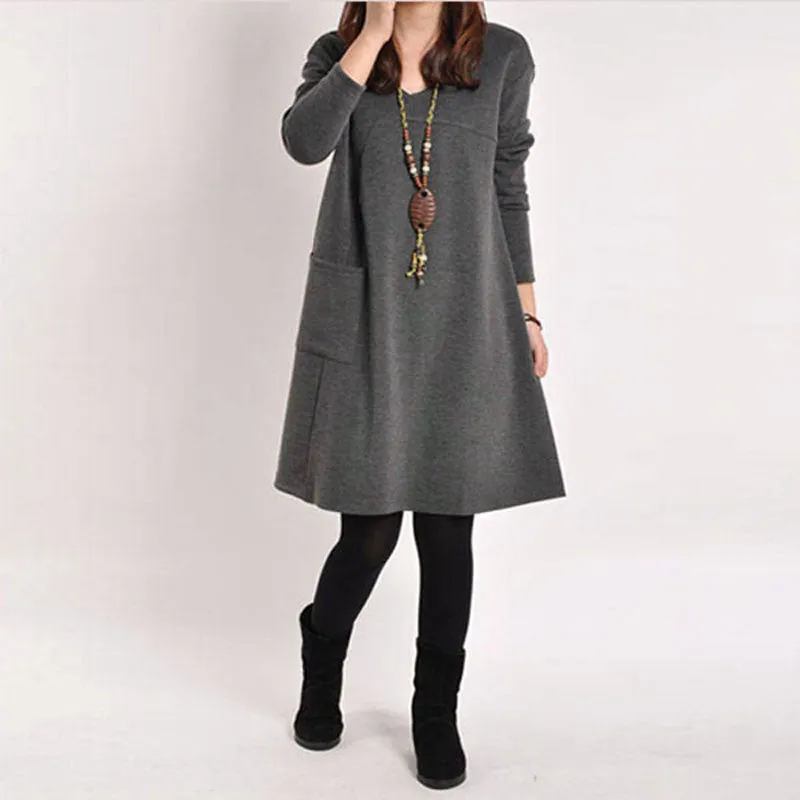 Autumn Winter Long Blusas Women Long Sleeve Pocket Dress Solid O Neck Casual Loose Dresses Vestidos Plus Size S-5XL