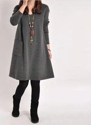 Autumn Winter Long Blusas Women Long Sleeve Pocket Dress Solid O Neck Casual Loose Dresses Vestidos Plus Size S-5XL