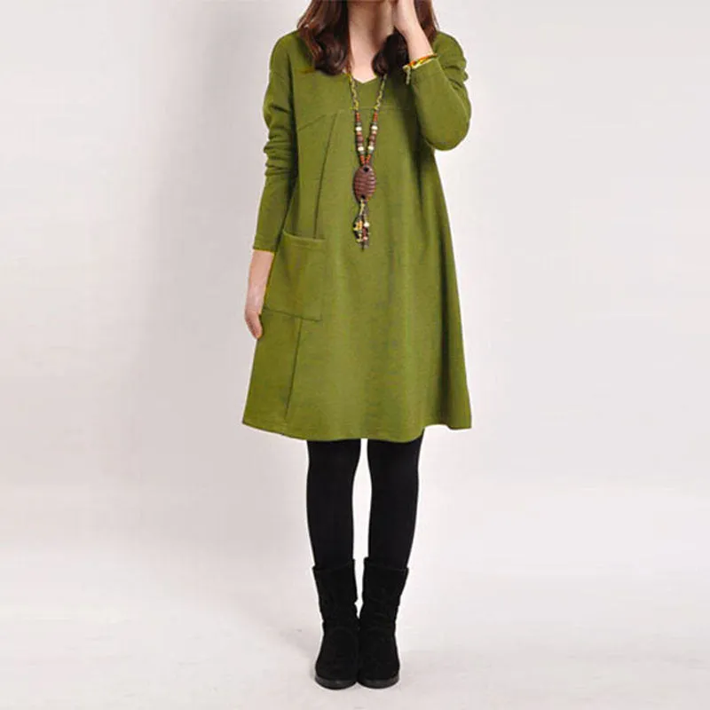 Autumn Winter Long Blusas Women Long Sleeve Pocket Dress Solid O Neck Casual Loose Dresses Vestidos Plus Size S-5XL