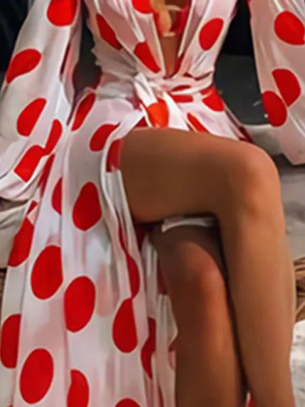 Bandage Polka-Dot Long Sleeves Loose V-neck Sexy Dresses Maxi Dresses Dresses Bohemia Dresses
