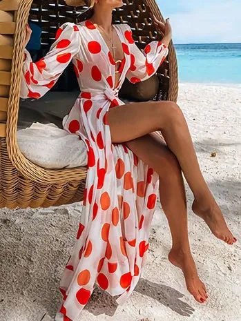 Bandage Polka-Dot Long Sleeves Loose V-neck Sexy Dresses Maxi Dresses Dresses Bohemia Dresses