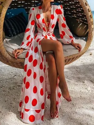 Bandage Polka-Dot Long Sleeves Loose V-neck Sexy Dresses Maxi Dresses Dresses Bohemia Dresses