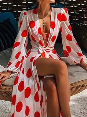 Bandage Polka-Dot Long Sleeves Loose V-neck Sexy Dresses Maxi Dresses Dresses Bohemia Dresses