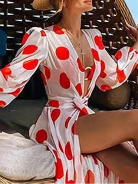 Bandage Polka-Dot Long Sleeves Loose V-neck Sexy Dresses Maxi Dresses Dresses Bohemia Dresses
