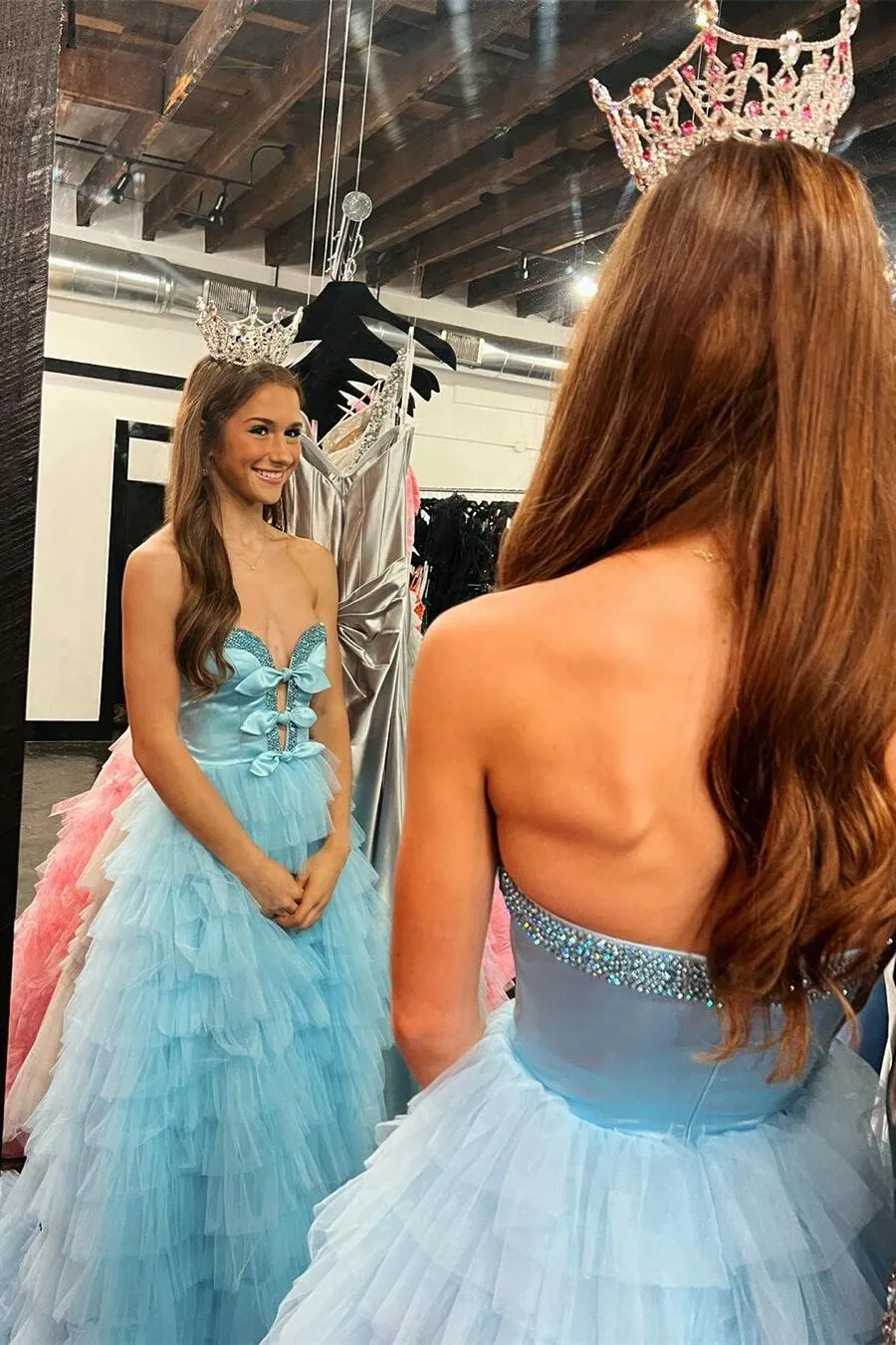 Beaded Sweetheart Light Blue Ruffles Long Dress