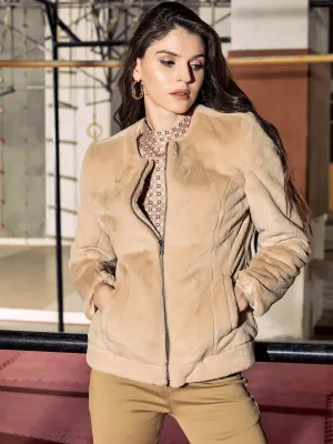 Beige Round Neck Fur Blazer