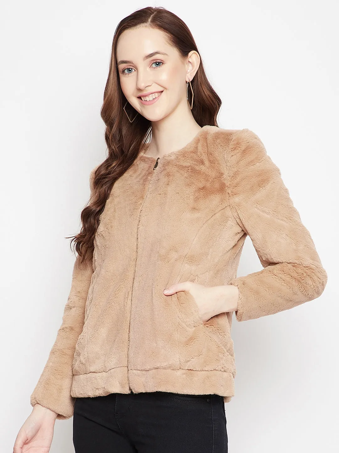 Beige Round Neck Fur Blazer