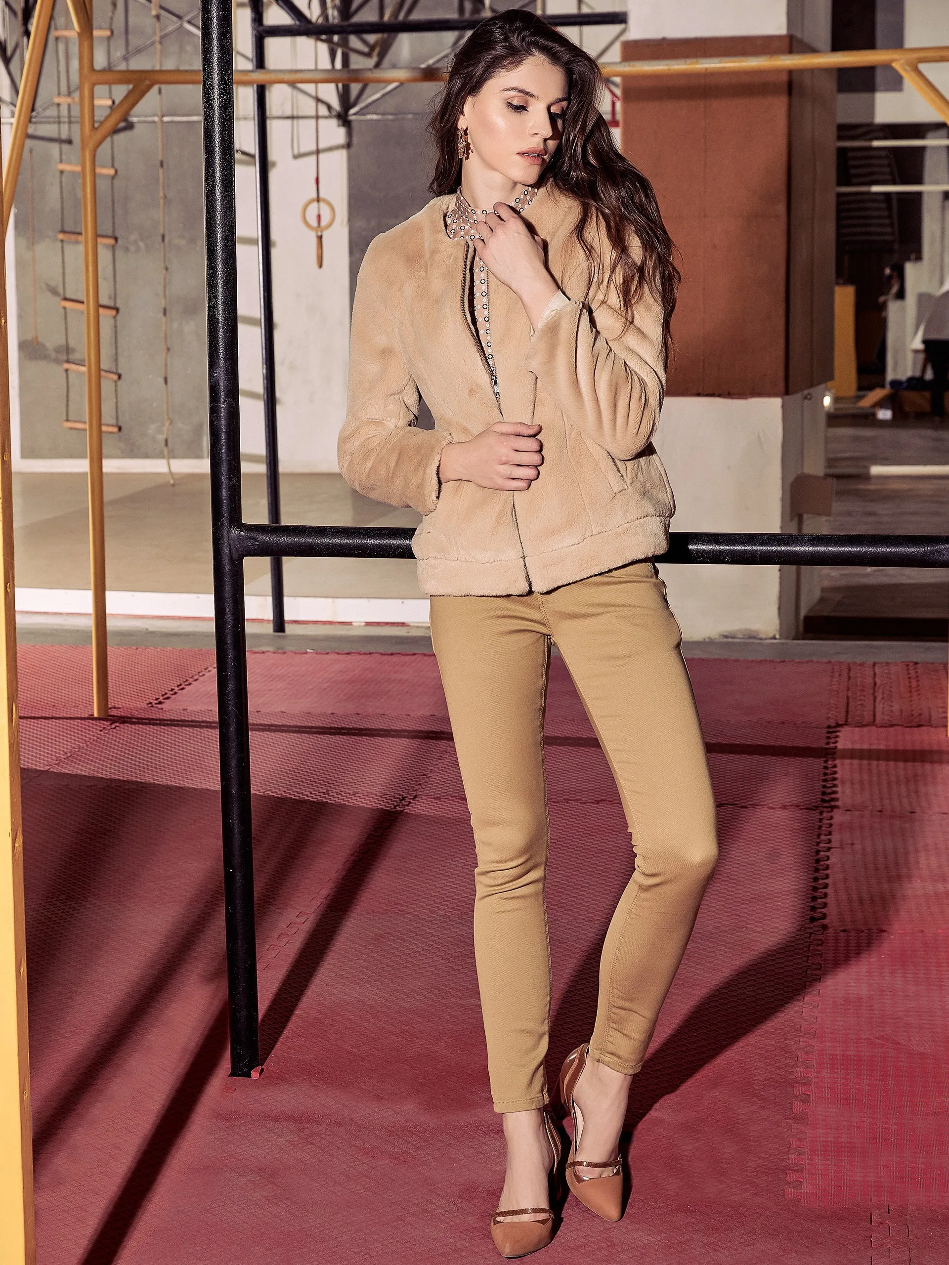 Beige Round Neck Fur Blazer