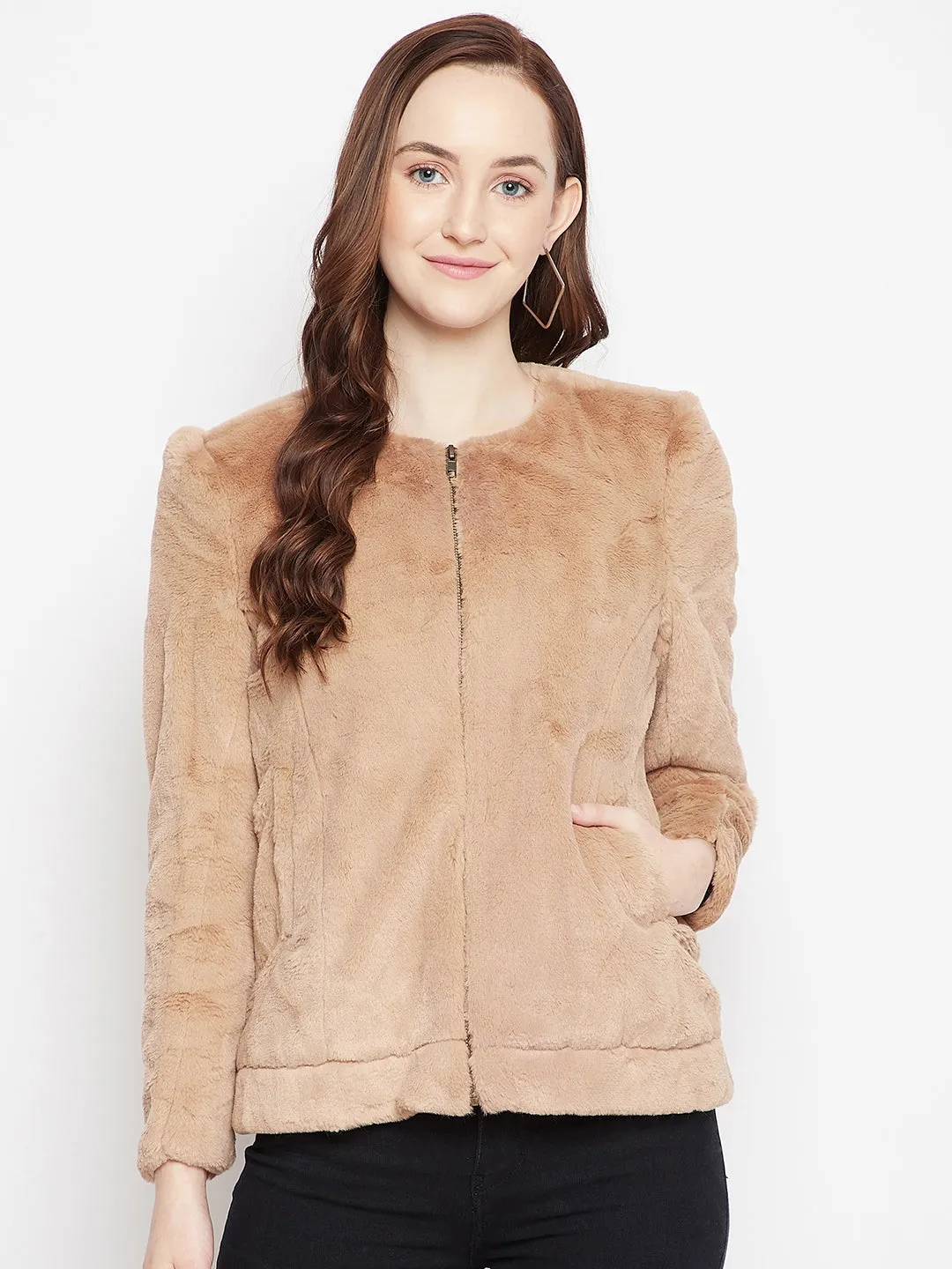 Beige Round Neck Fur Blazer