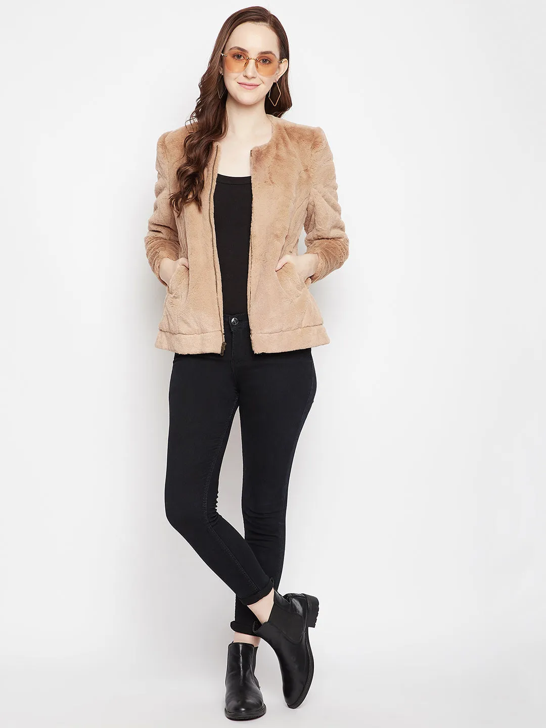 Beige Round Neck Fur Blazer