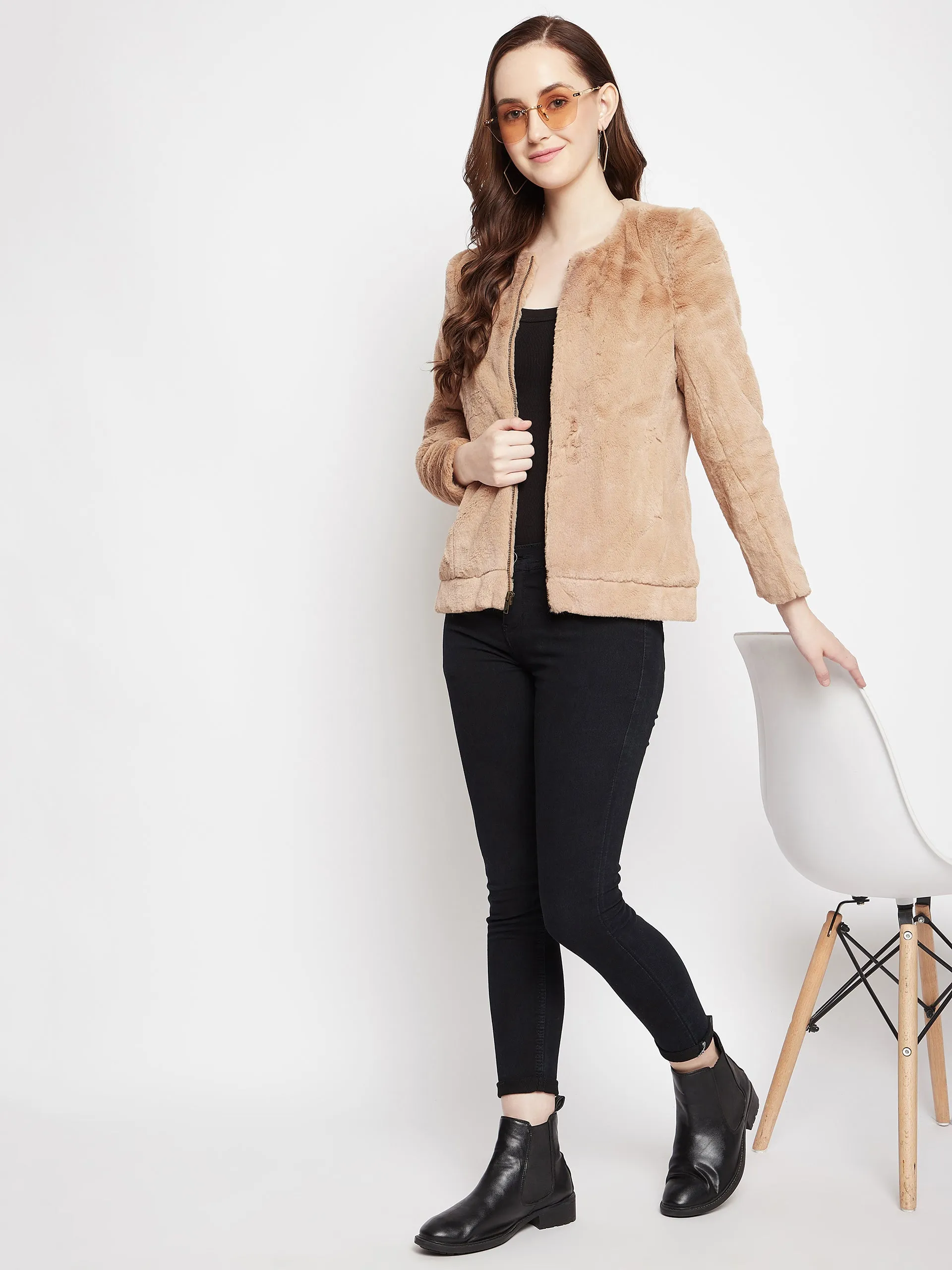 Beige Round Neck Fur Blazer