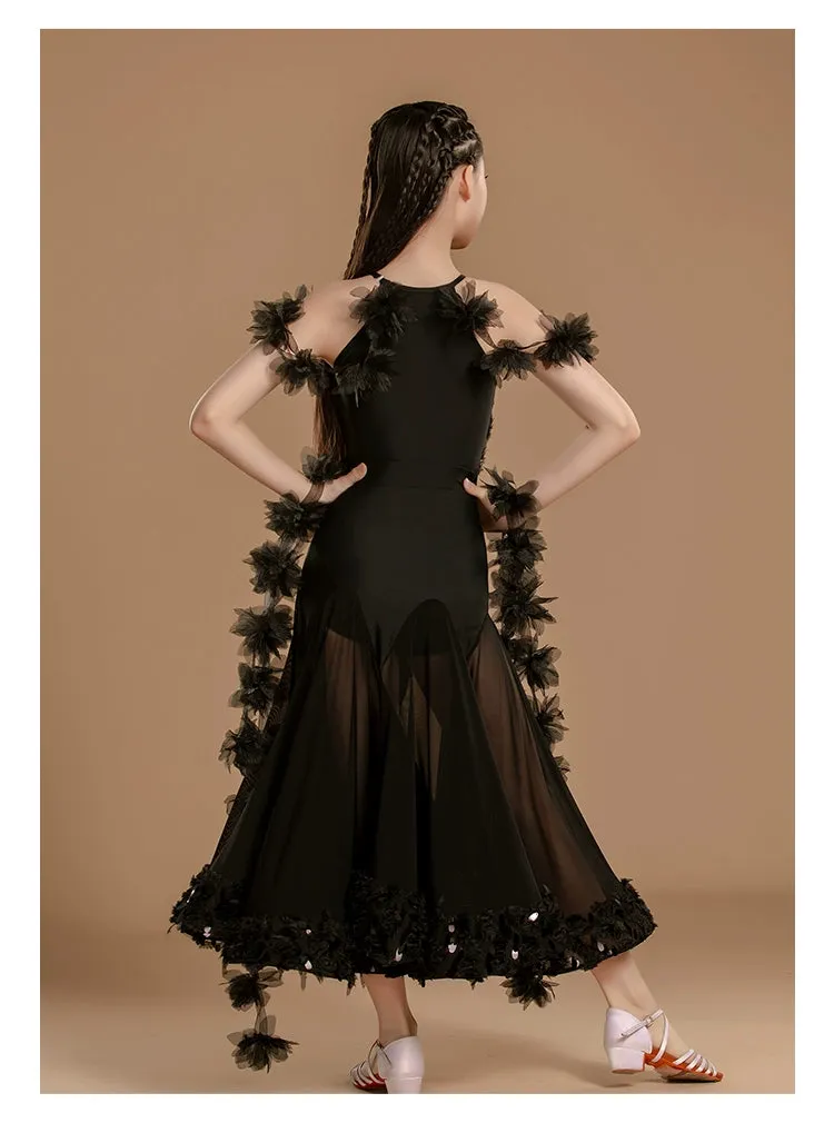 Black Ballroom Dance Dresses for Girls Kids Waltz Tango Professional Performance Gown for Children