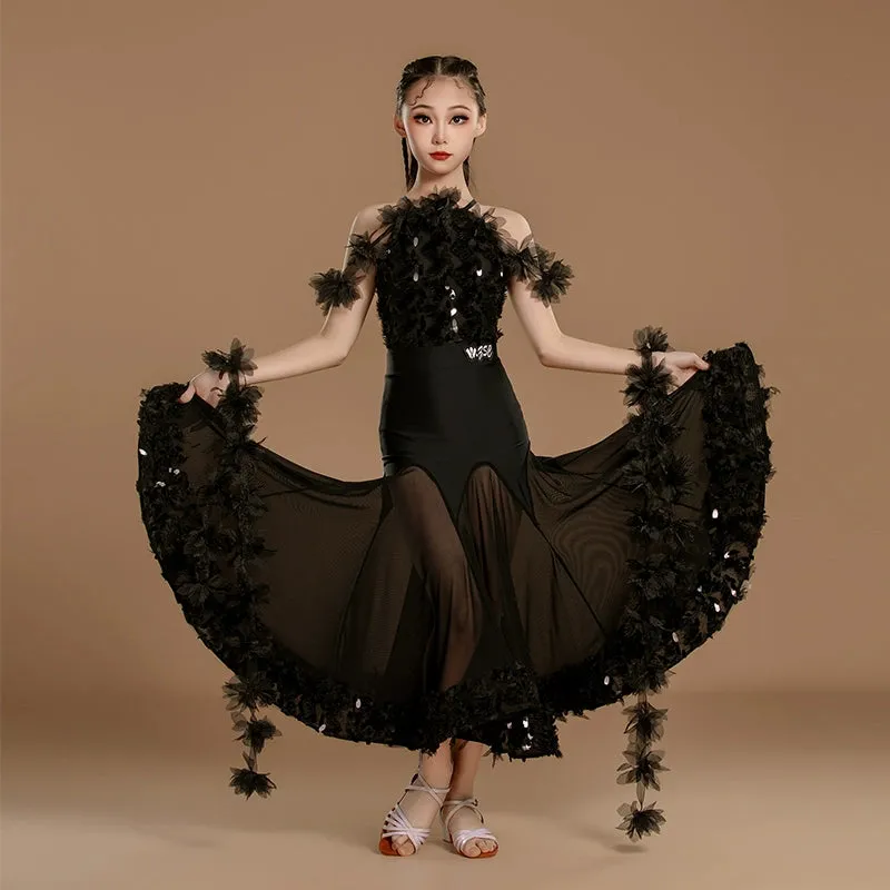Black Ballroom Dance Dresses for Girls Kids Waltz Tango Professional Performance Gown for Children