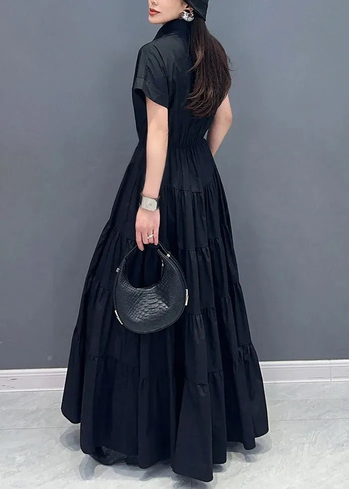 Black Button Cotton Maxi Dress Peter Pan Collar Short Sleeve