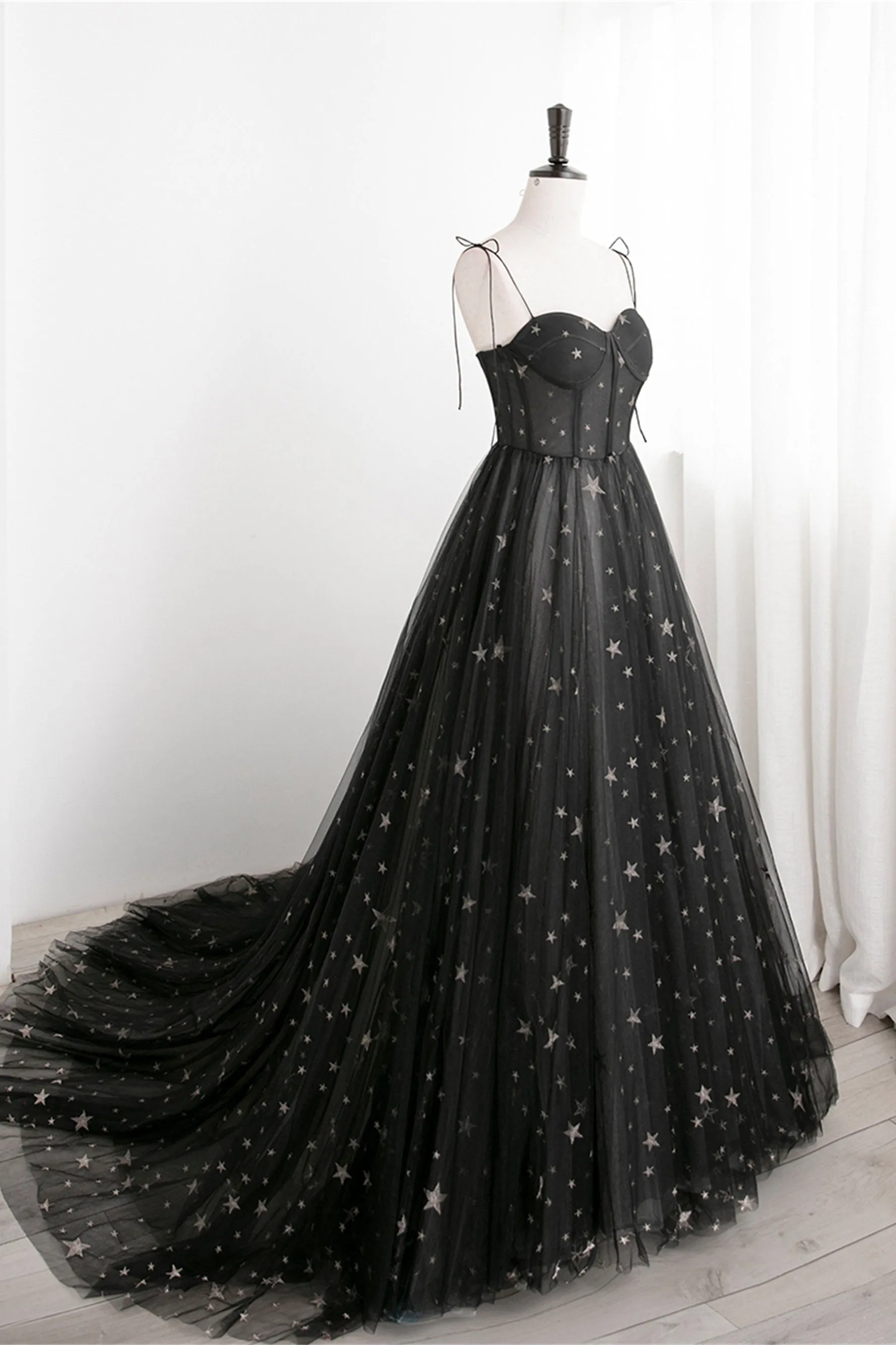Black Corset Satrs Tulle A-line Long Formal Dress