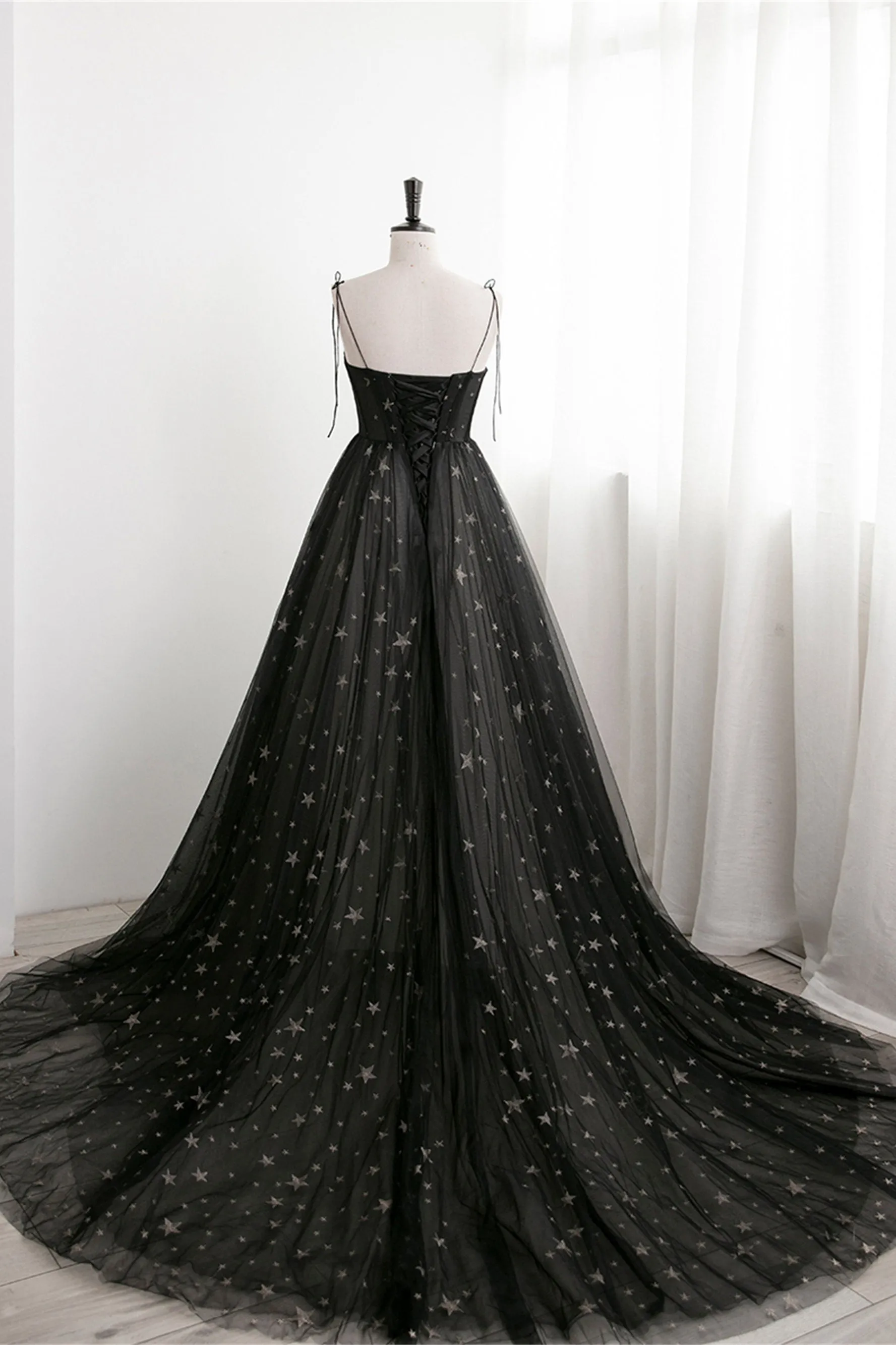 Black Corset Satrs Tulle A-line Long Formal Dress