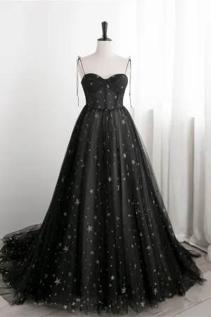 Black Corset Satrs Tulle A-line Long Formal Dress