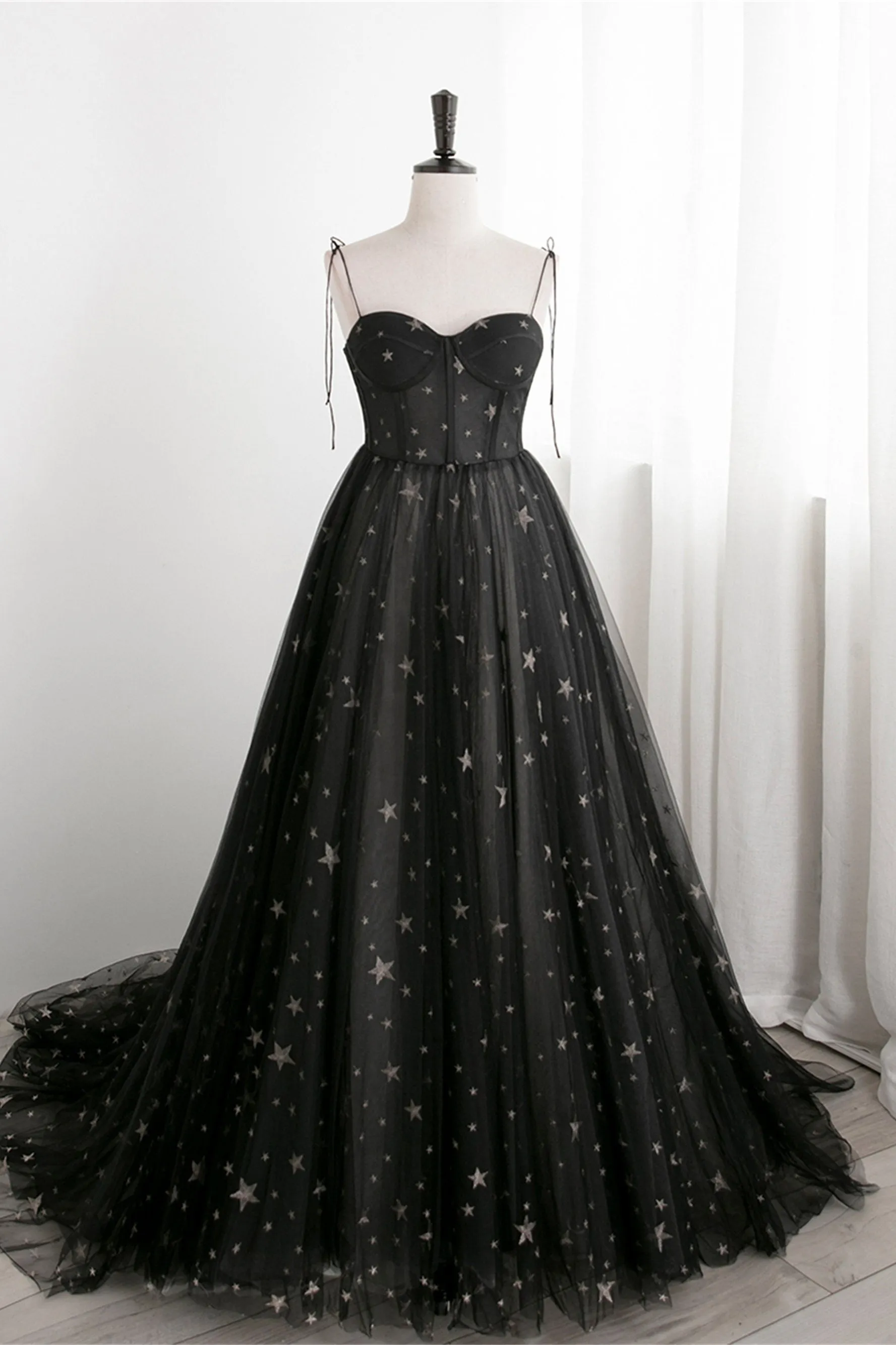 Black Corset Satrs Tulle A-line Long Formal Dress