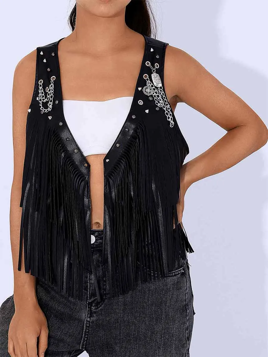 Black Leather Fringe Reflective Vest