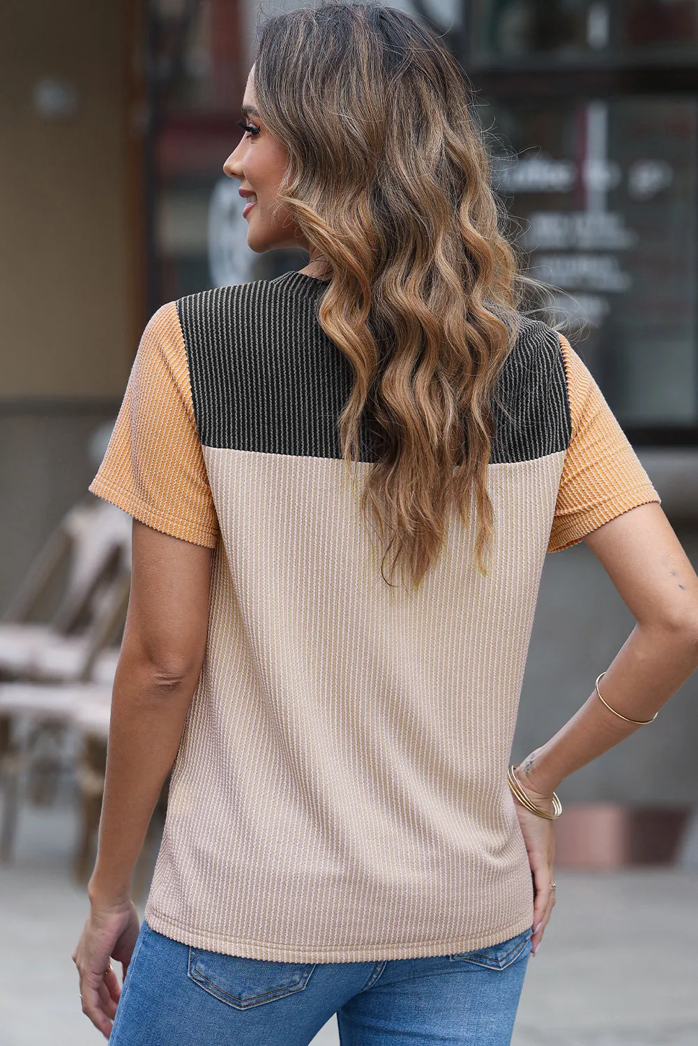 Black Rib Textured Colorblock T Shirt