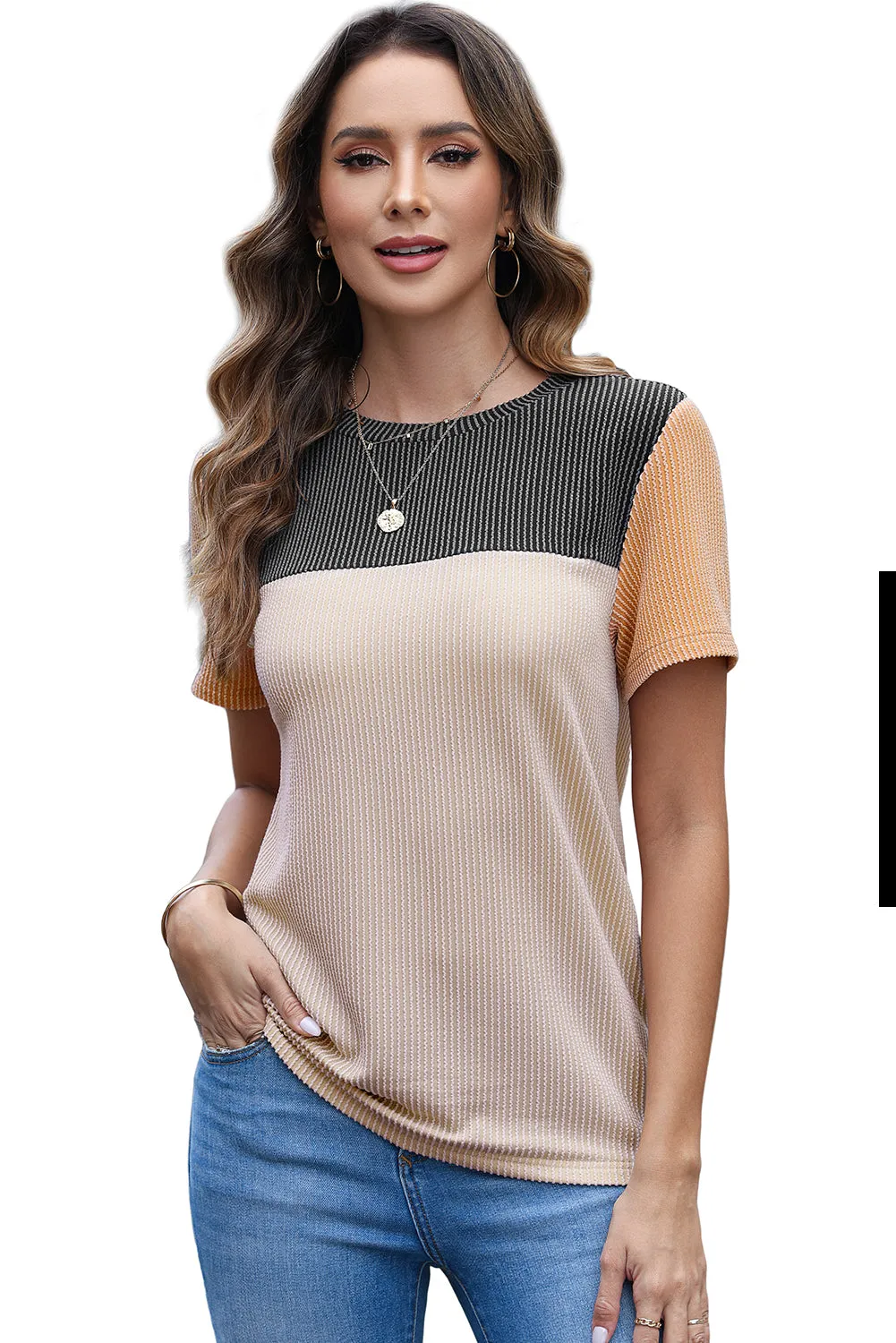 Black Rib Textured Colorblock T Shirt