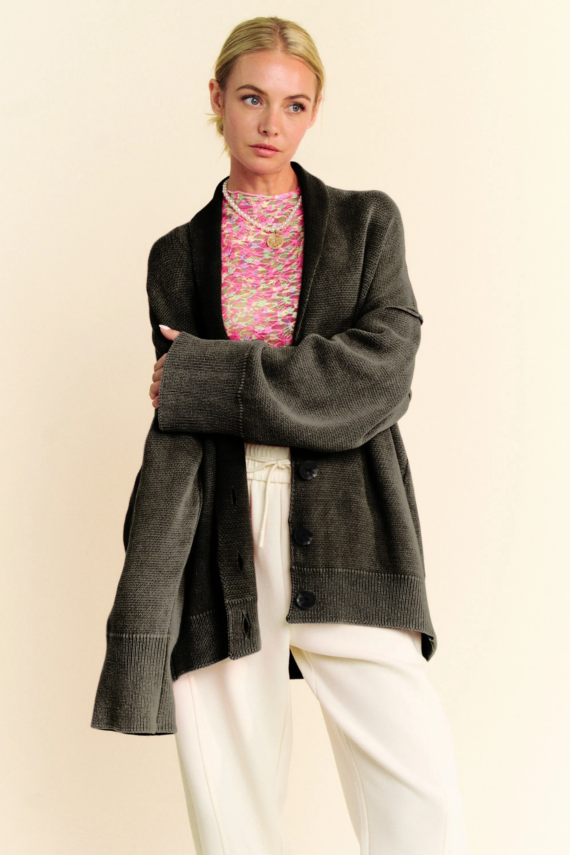 Black Shawl Collar Ribbed Detail Button Up Cardigan