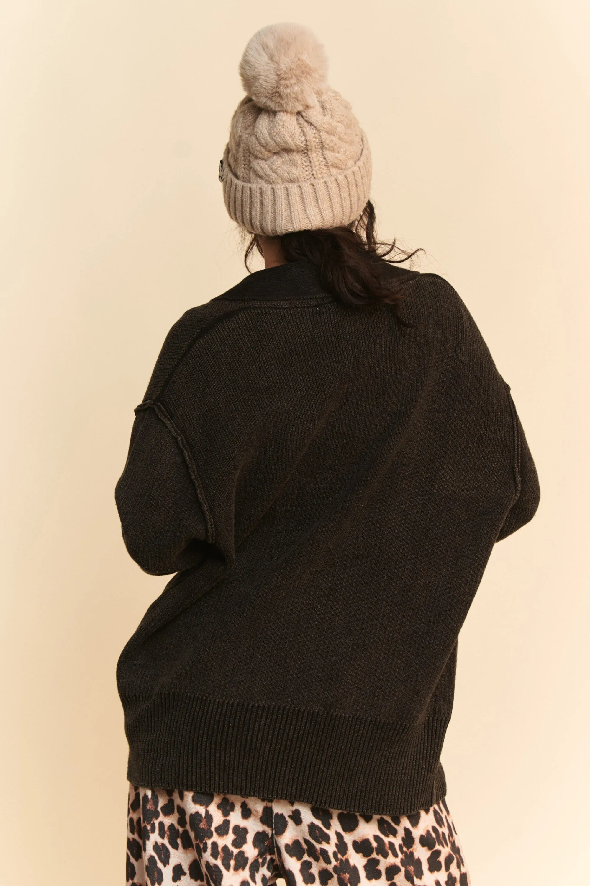 Black Shawl Collar Ribbed Detail Button Up Cardigan