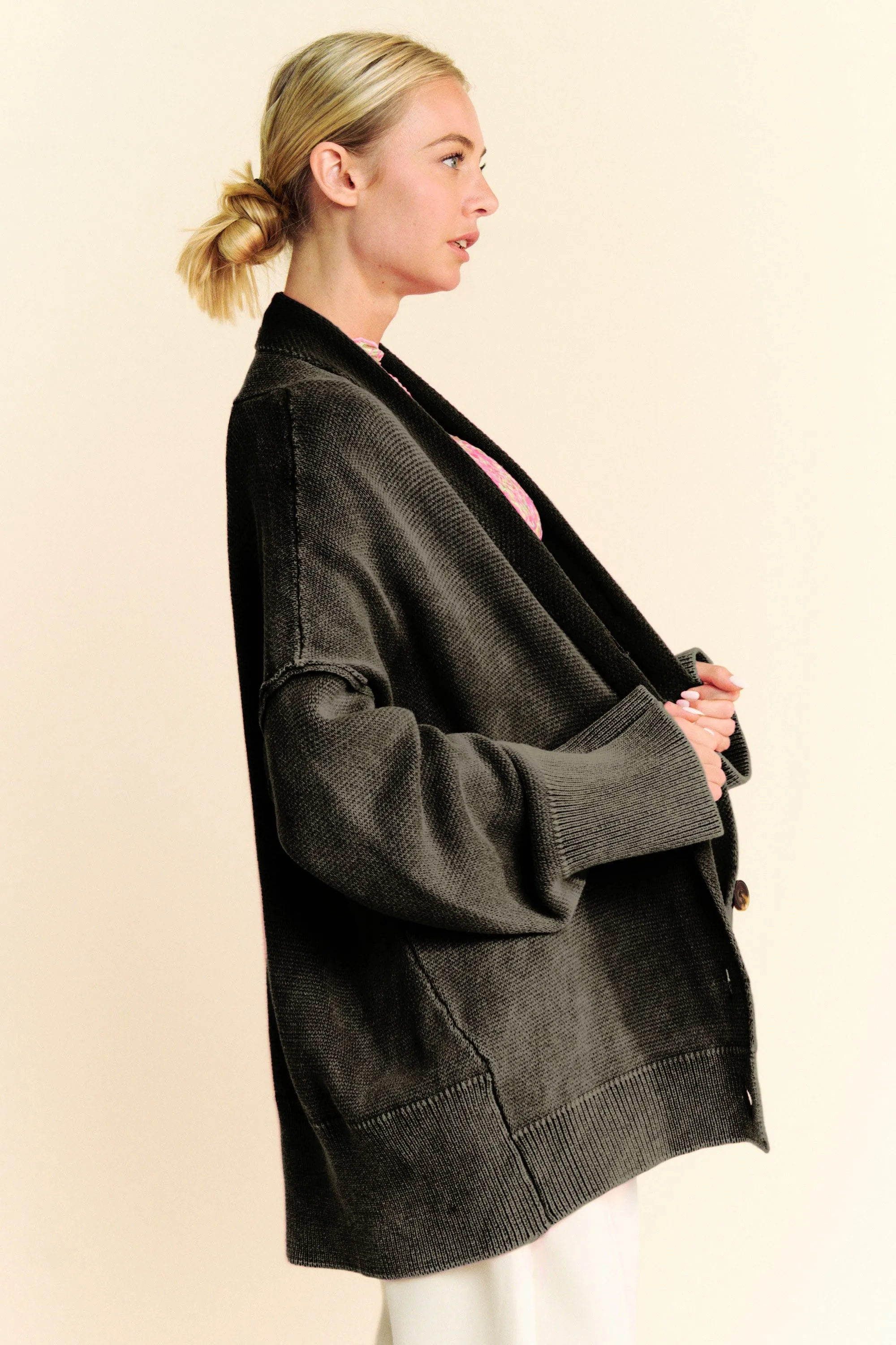 Black Shawl Collar Ribbed Detail Button Up Cardigan