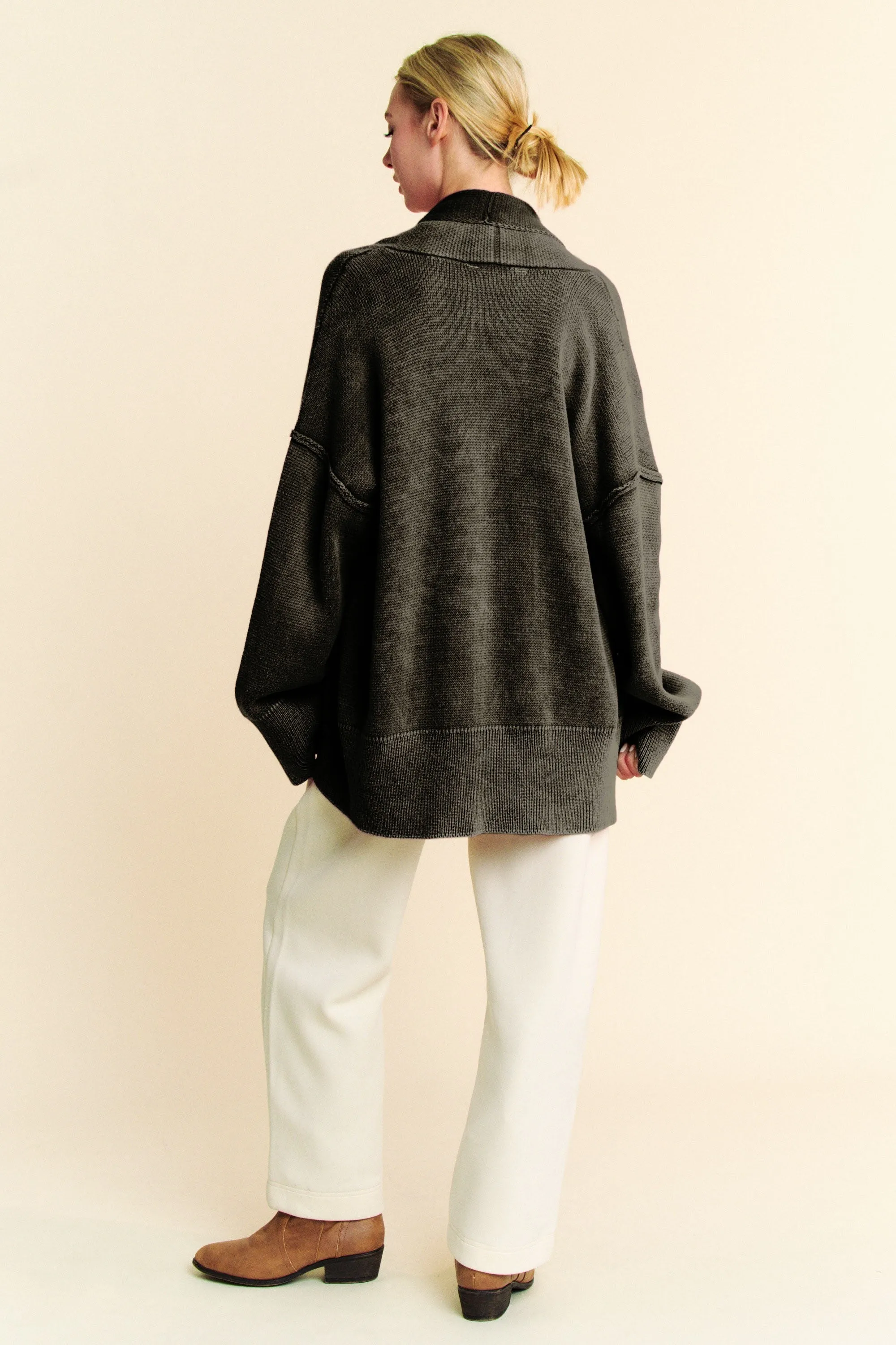 Black Shawl Collar Ribbed Detail Button Up Cardigan