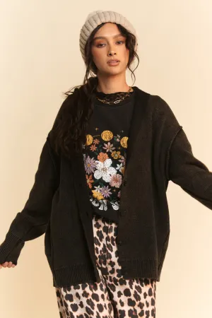 Black Shawl Collar Ribbed Detail Button Up Cardigan