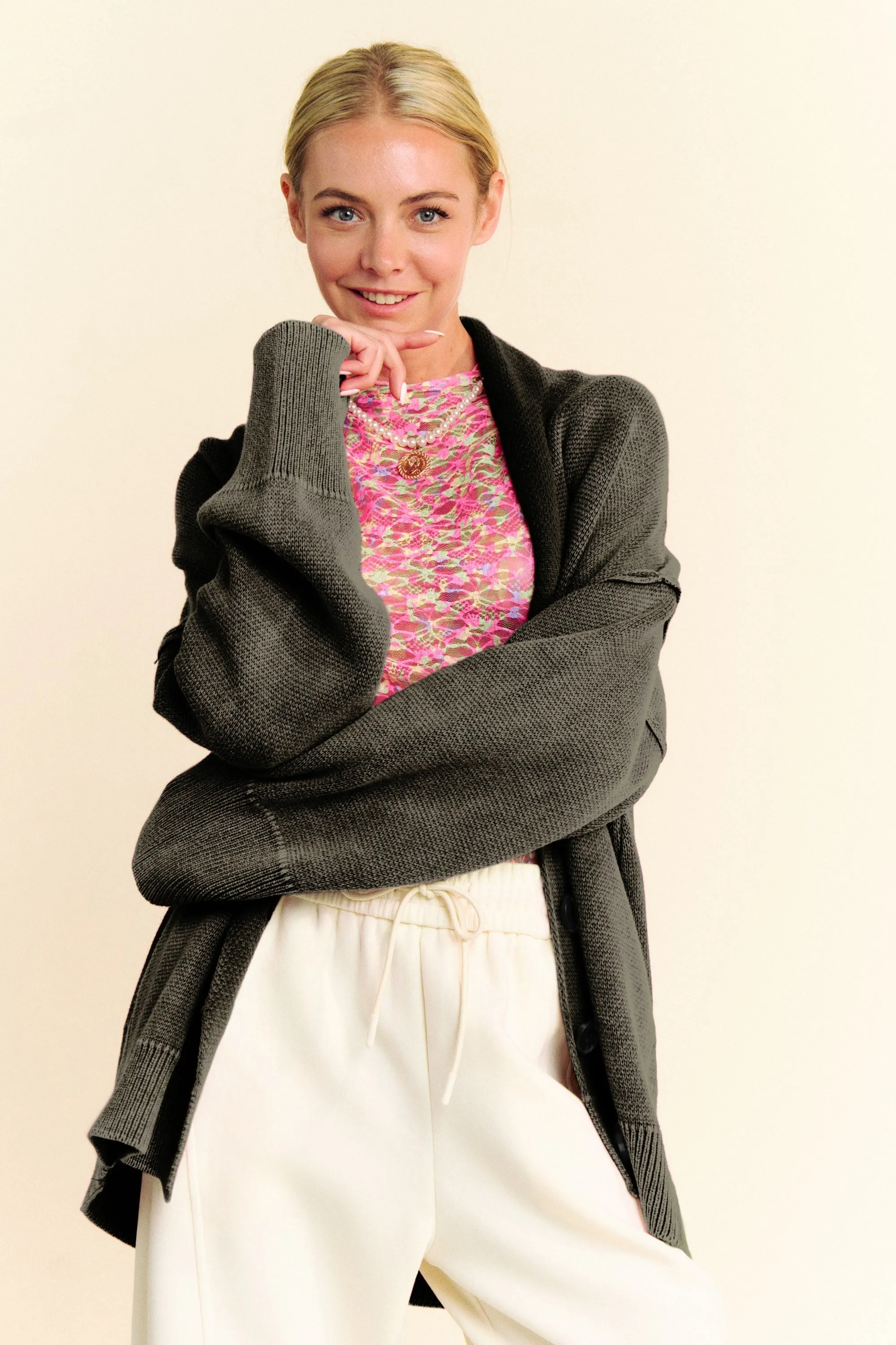 Black Shawl Collar Ribbed Detail Button Up Cardigan