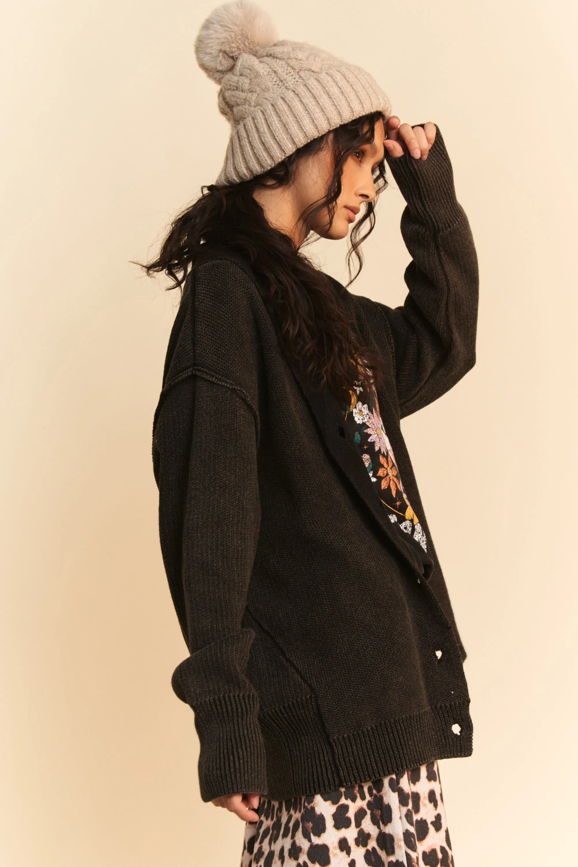 Black Shawl Collar Ribbed Detail Button Up Cardigan
