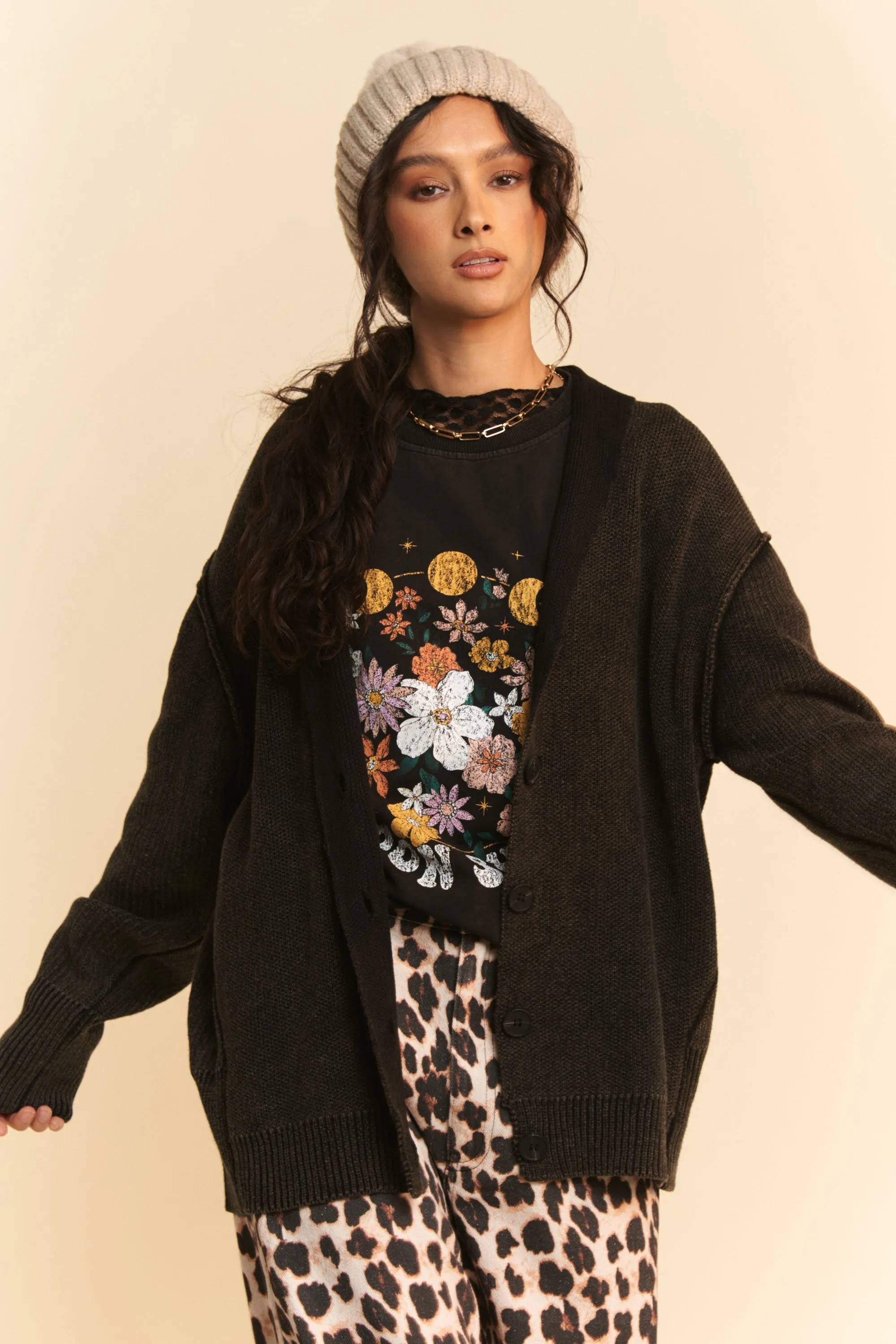 Black Shawl Collar Ribbed Detail Button Up Cardigan