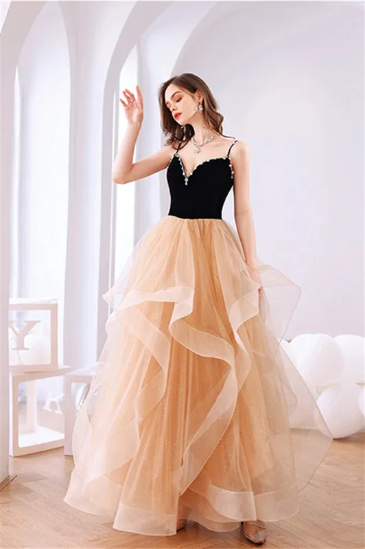 Black Velvet and Champagne Tiered Ruffles Long Formal Dress