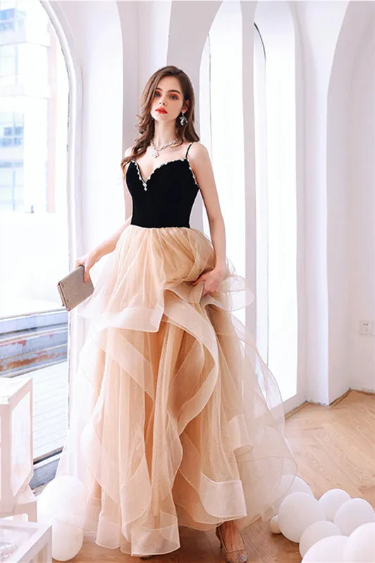 Black Velvet and Champagne Tiered Ruffles Long Formal Dress