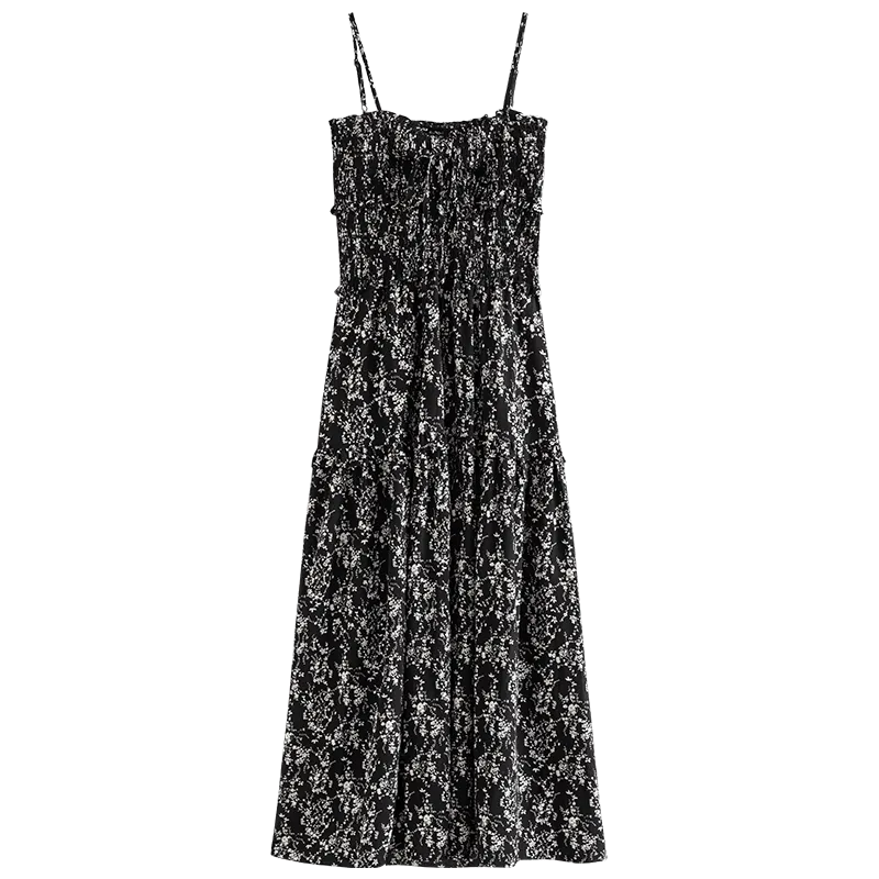 Black White Floral Suspender Dress For Women's  New Seaside Vacation Dress For Women Boho Casual Loose Women Dress