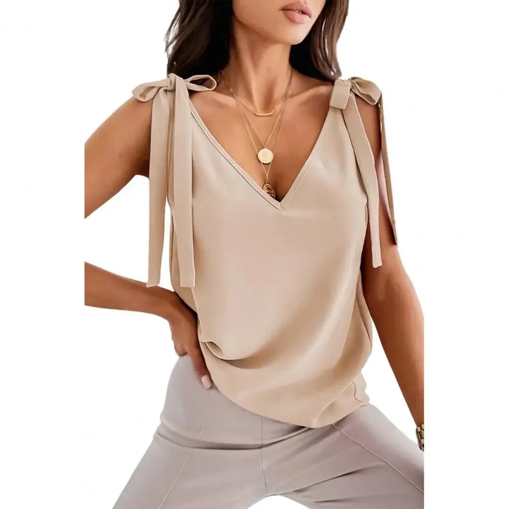 Blouse Women Garment Women Summer Top Lace Up Deep V Neck Low-cut Solid Color Sleeveless Dress-up Loose Casual Soft