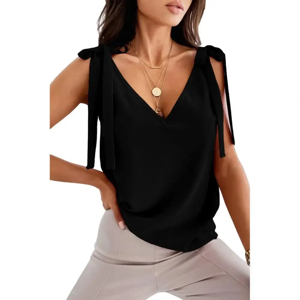Blouse Women Garment Women Summer Top Lace Up Deep V Neck Low-cut Solid Color Sleeveless Dress-up Loose Casual Soft