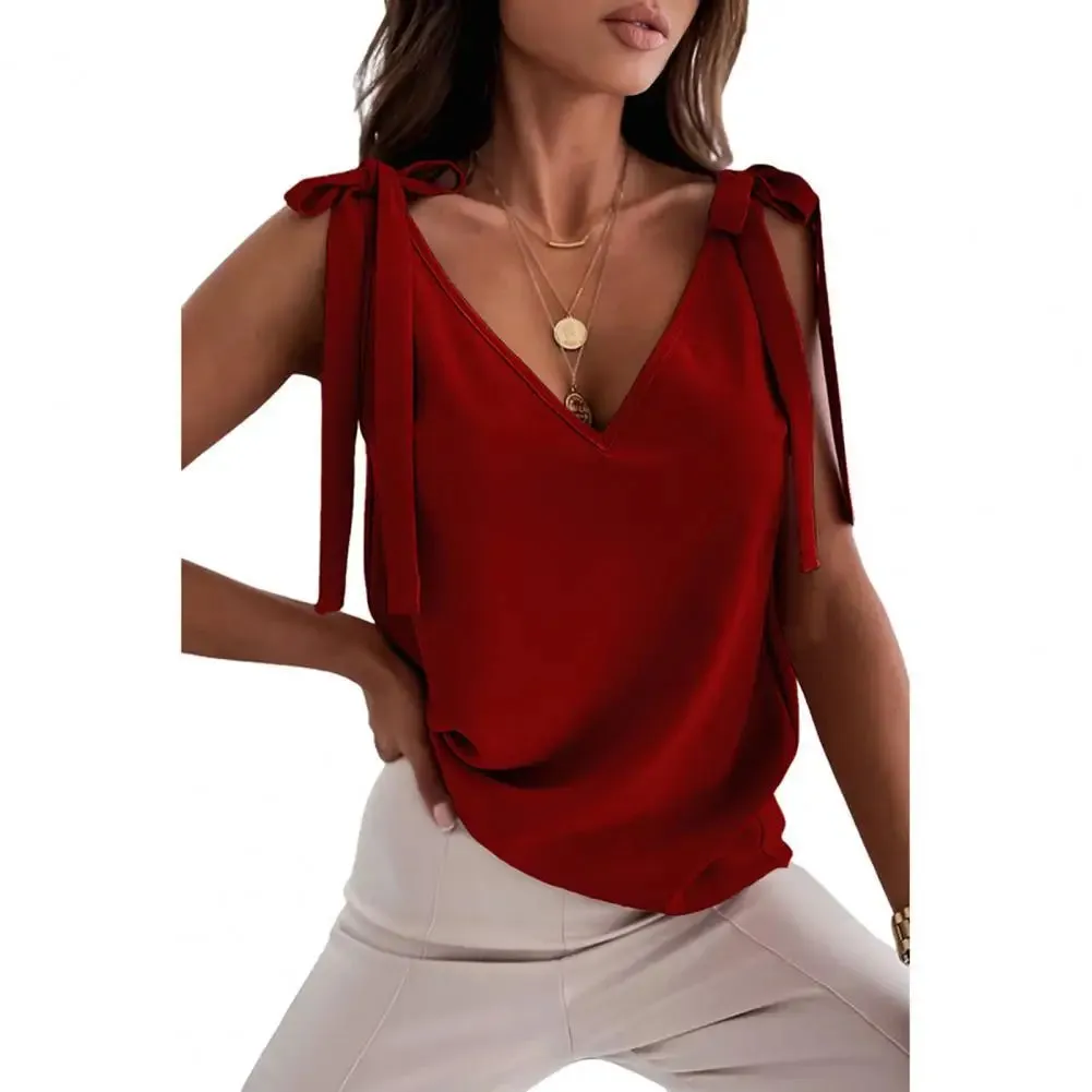 Blouse Women Garment Women Summer Top Lace Up Deep V Neck Low-cut Solid Color Sleeveless Dress-up Loose Casual Soft