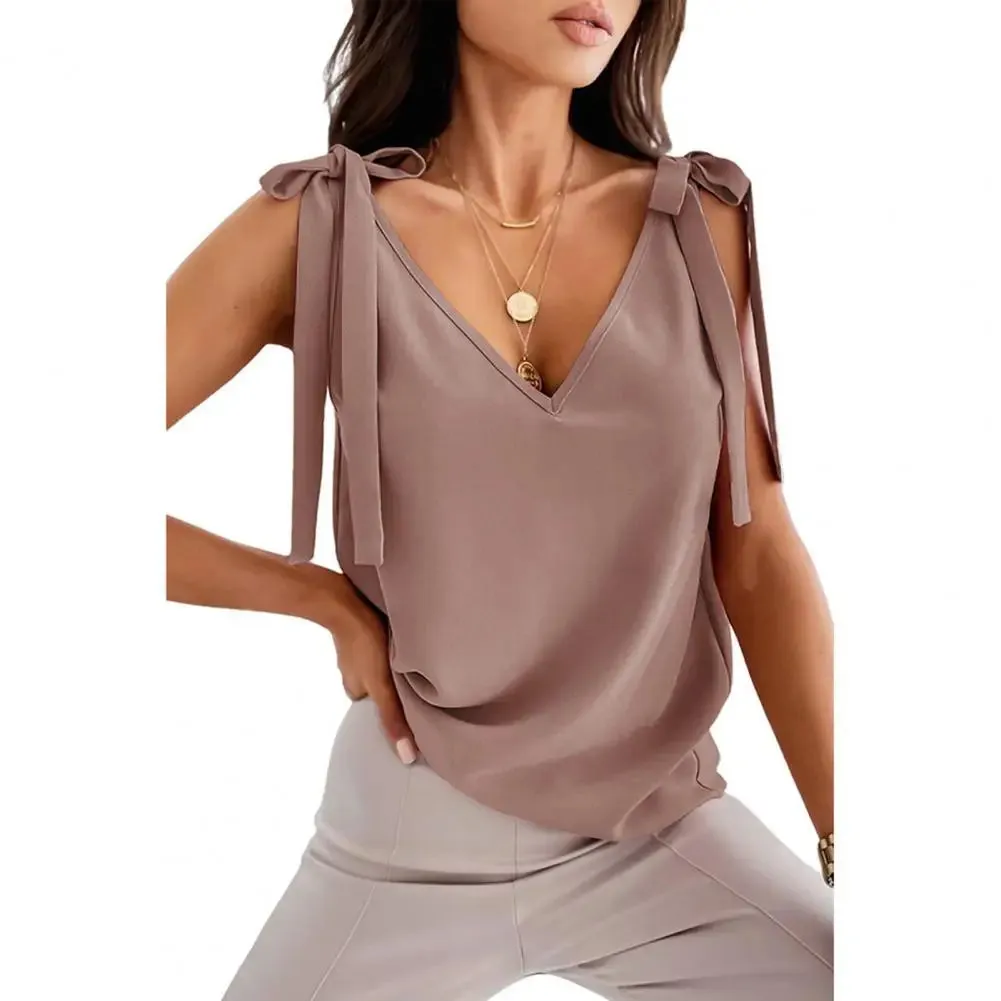 Blouse Women Garment Women Summer Top Lace Up Deep V Neck Low-cut Solid Color Sleeveless Dress-up Loose Casual Soft