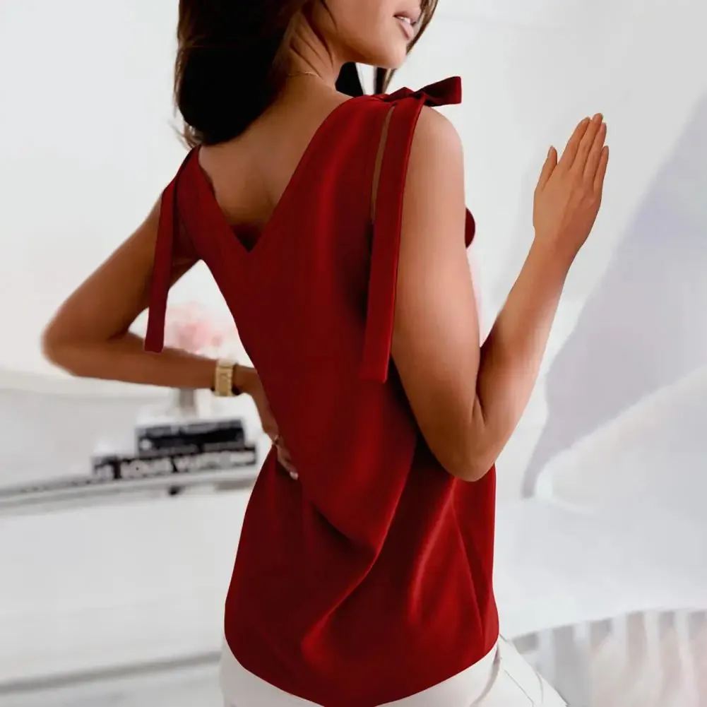 Blouse Women Garment Women Summer Top Lace Up Deep V Neck Low-cut Solid Color Sleeveless Dress-up Loose Casual Soft
