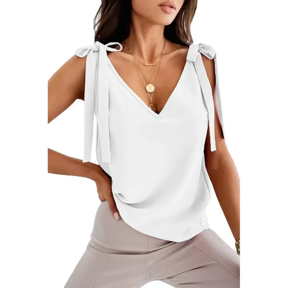 Blouse Women Garment Women Summer Top Lace Up Deep V Neck Low-cut Solid Color Sleeveless Dress-up Loose Casual Soft