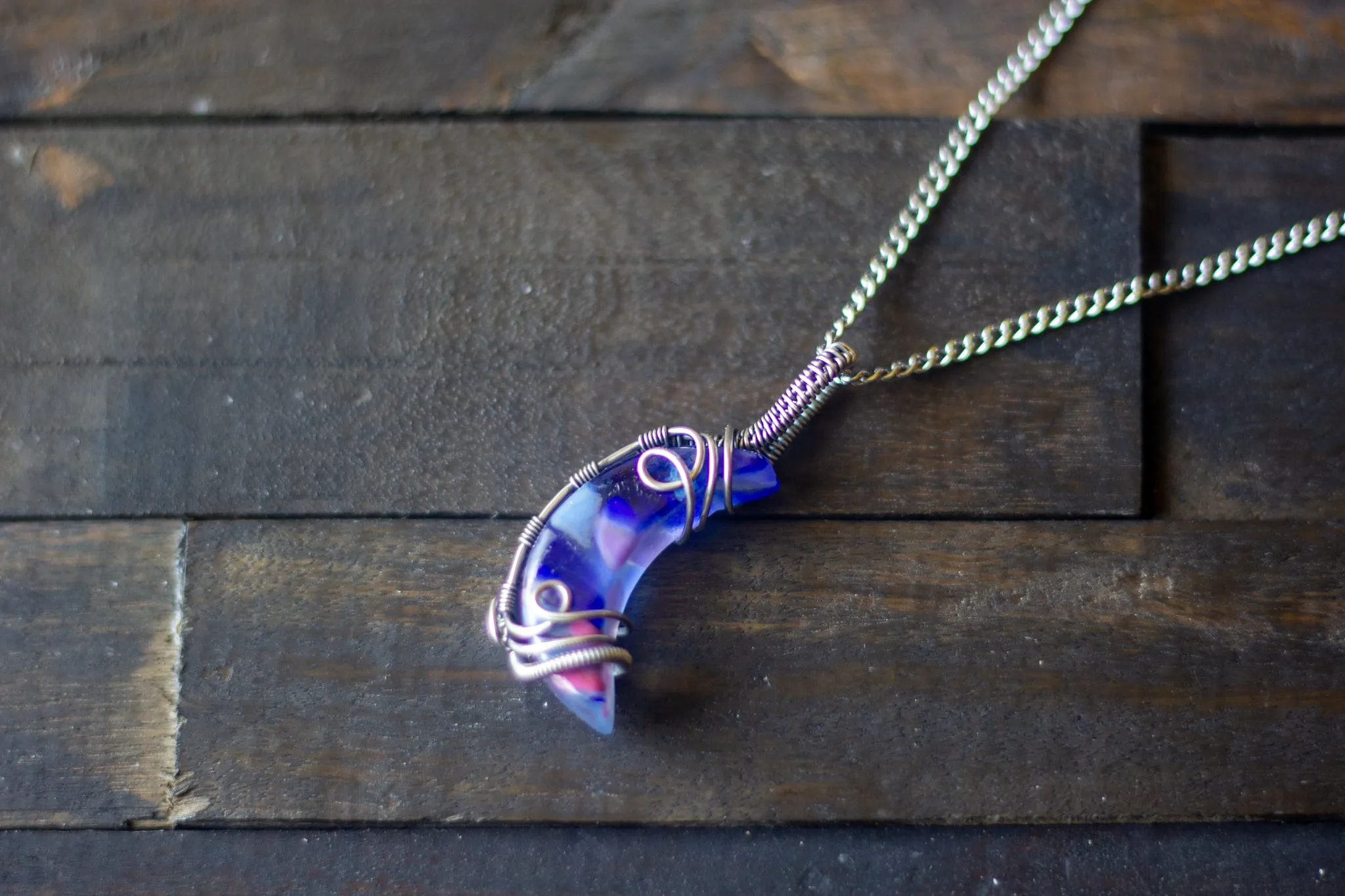 Blue and Purple Fused Glass Crescent Moon Pendant with Sterling Silver Wire Wrapping