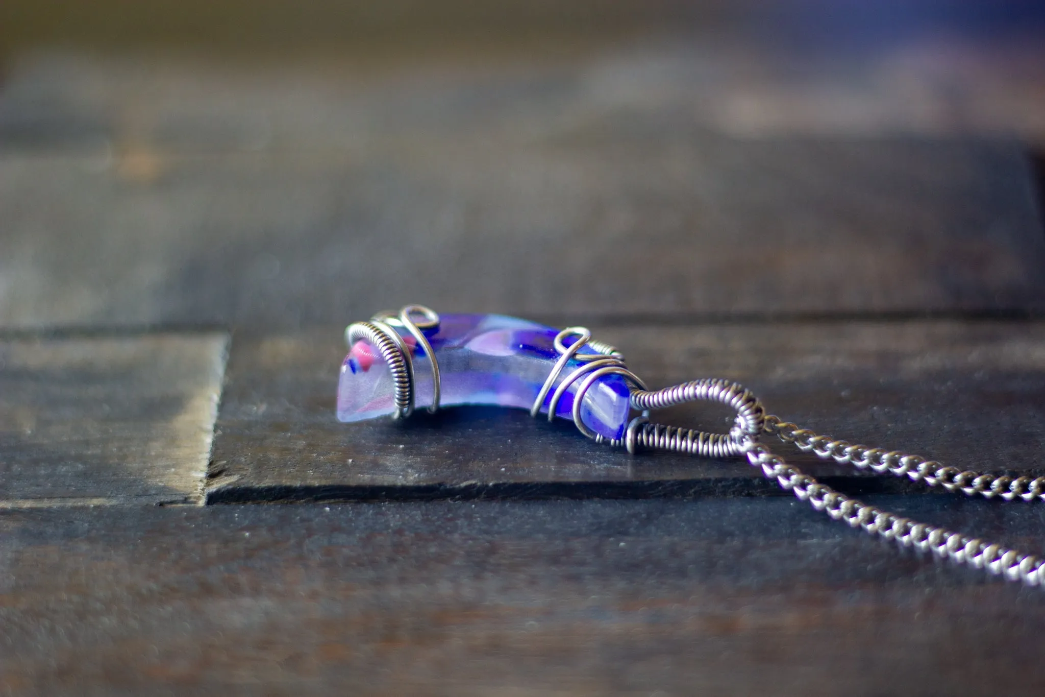 Blue and Purple Fused Glass Crescent Moon Pendant with Sterling Silver Wire Wrapping