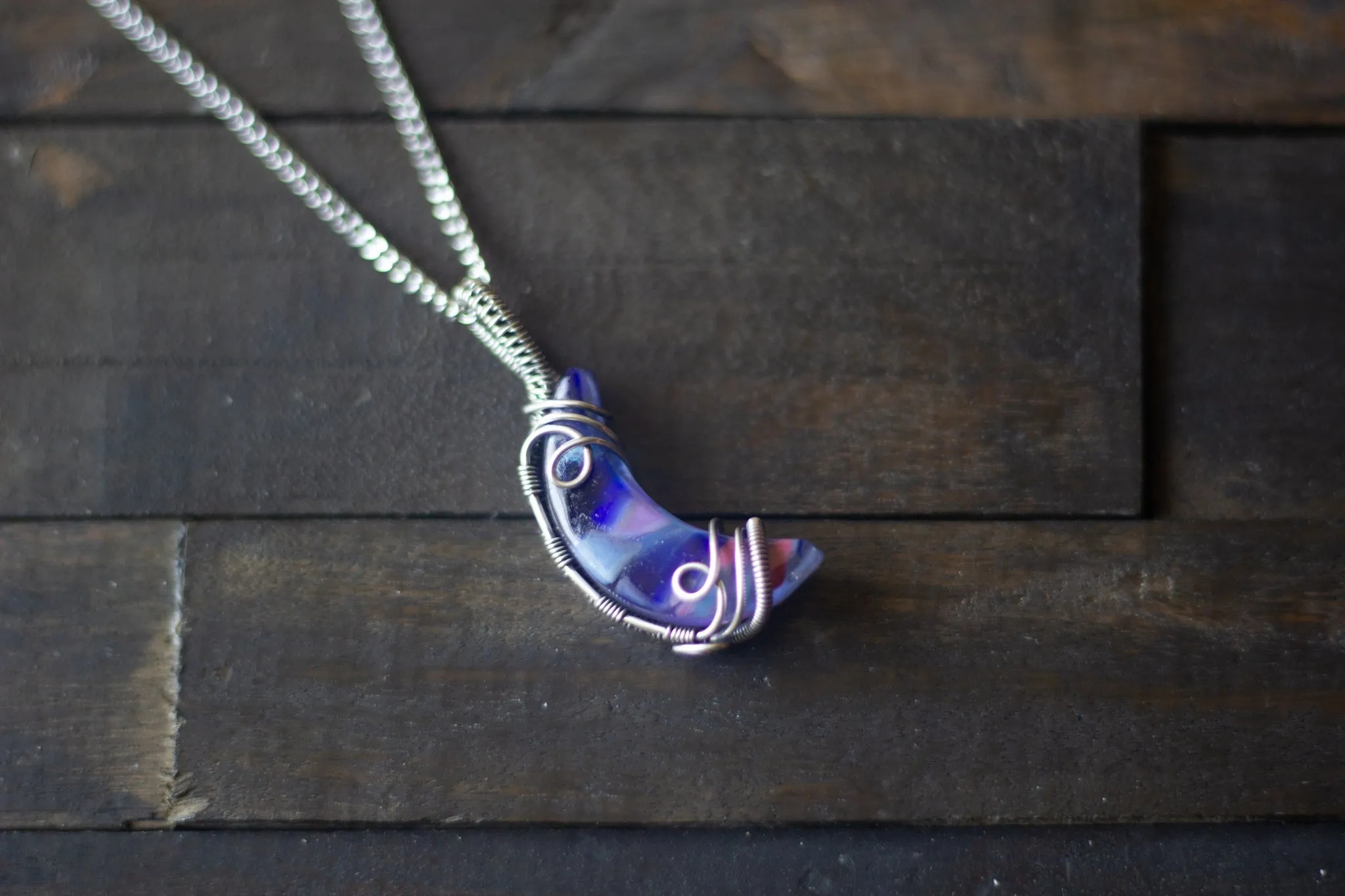Blue and Purple Fused Glass Crescent Moon Pendant with Sterling Silver Wire Wrapping