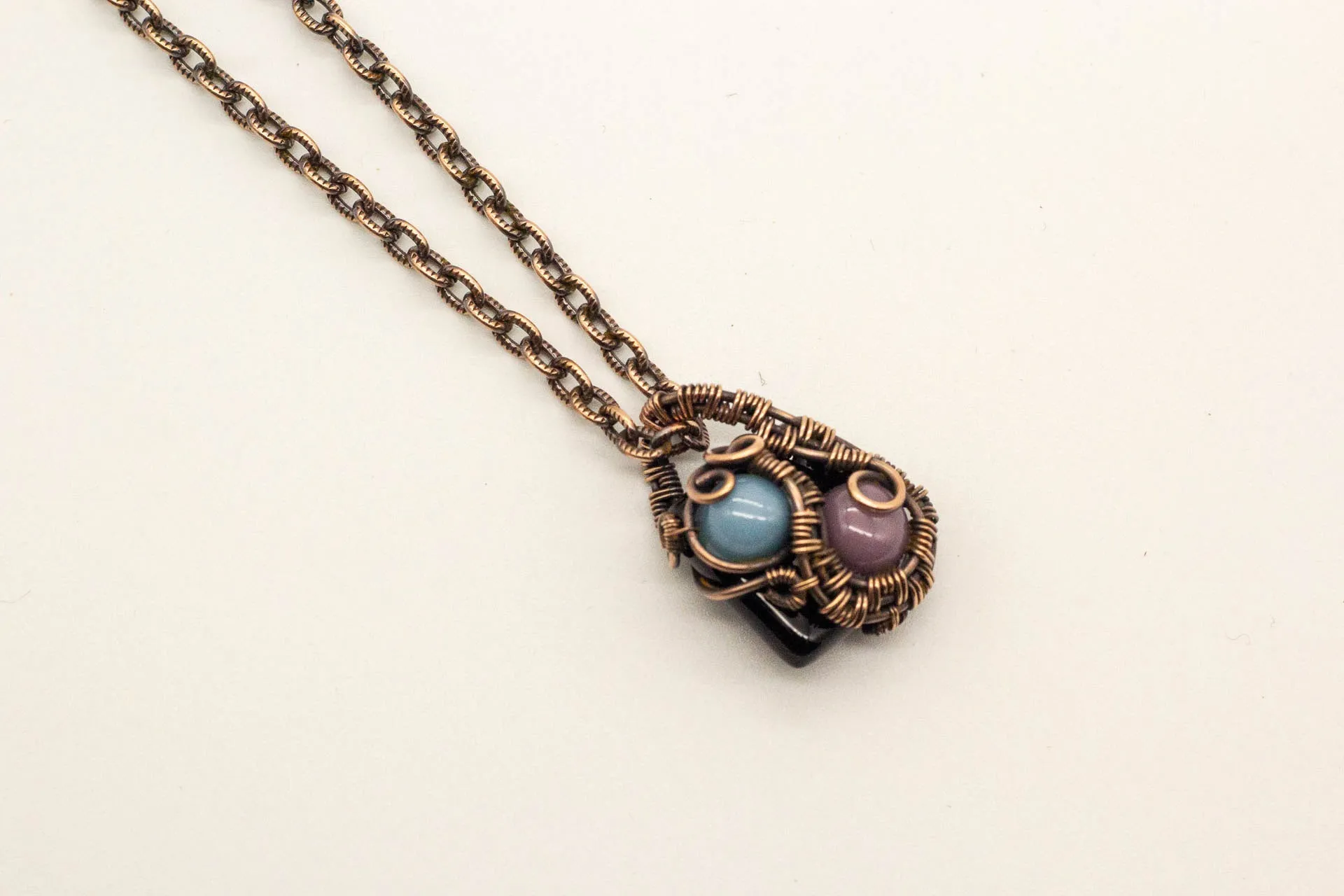 Blue and Purple Mini Pendant with Copper Wire Wrapping