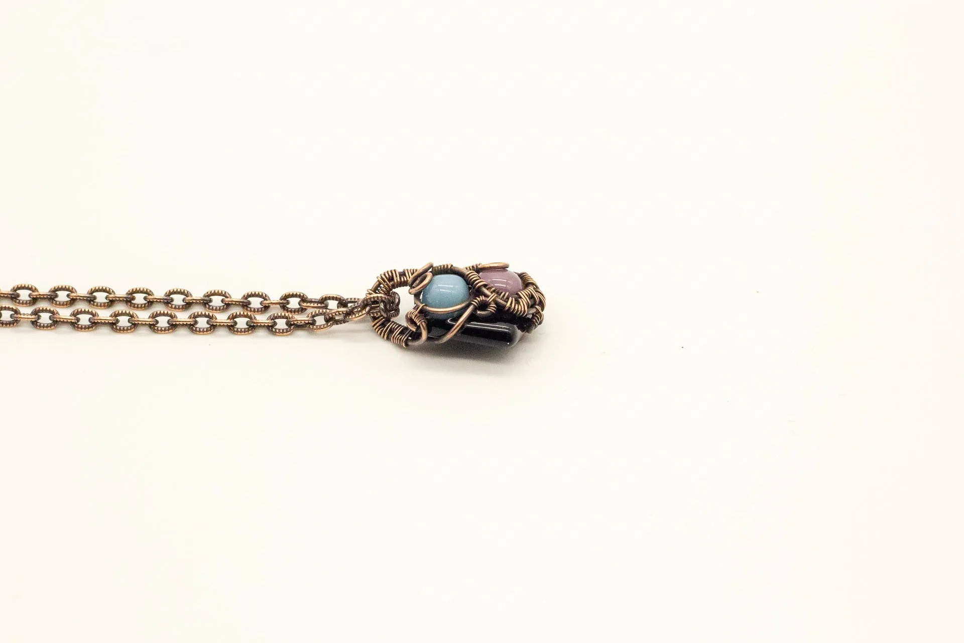 Blue and Purple Mini Pendant with Copper Wire Wrapping