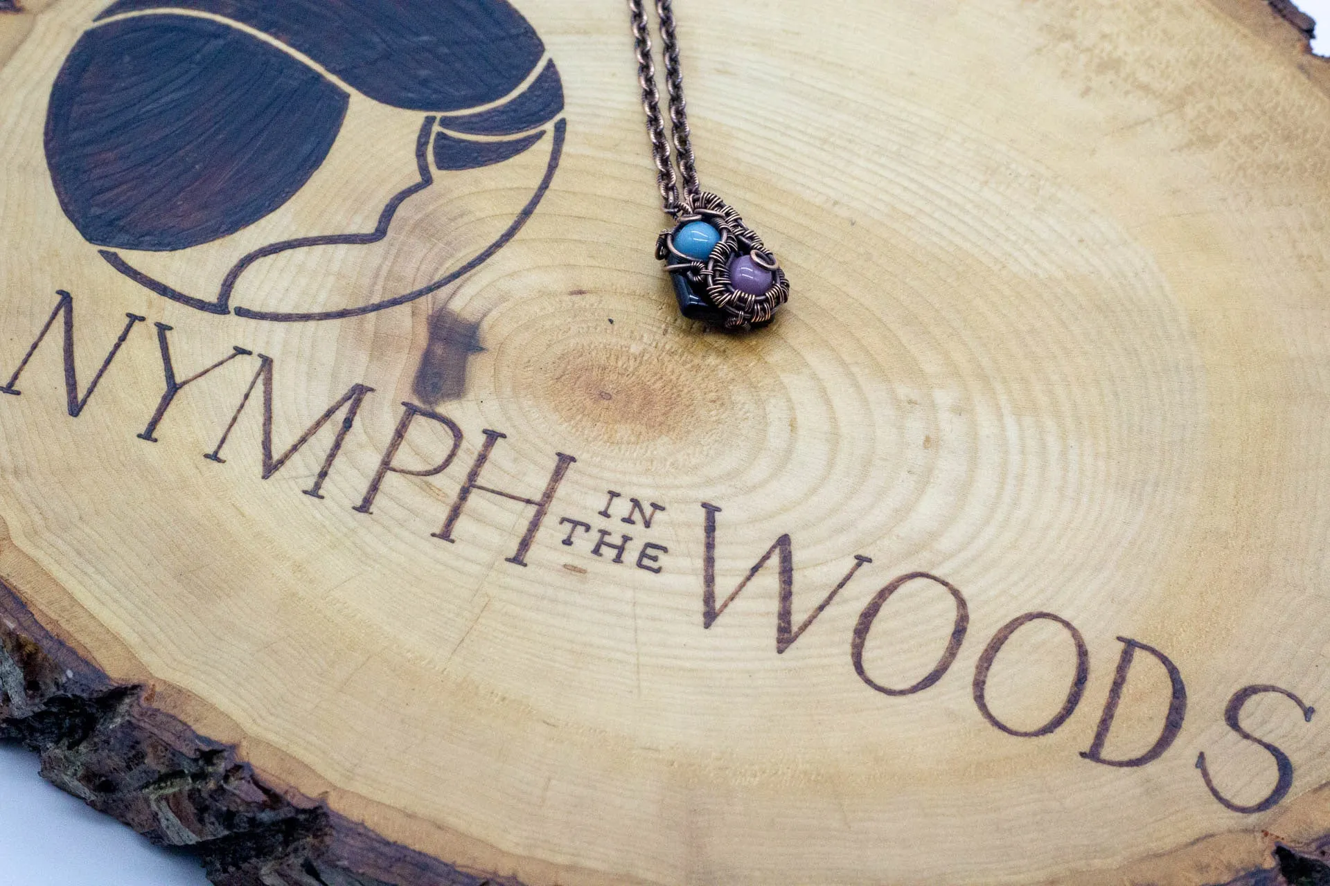 Blue and Purple Mini Pendant with Copper Wire Wrapping