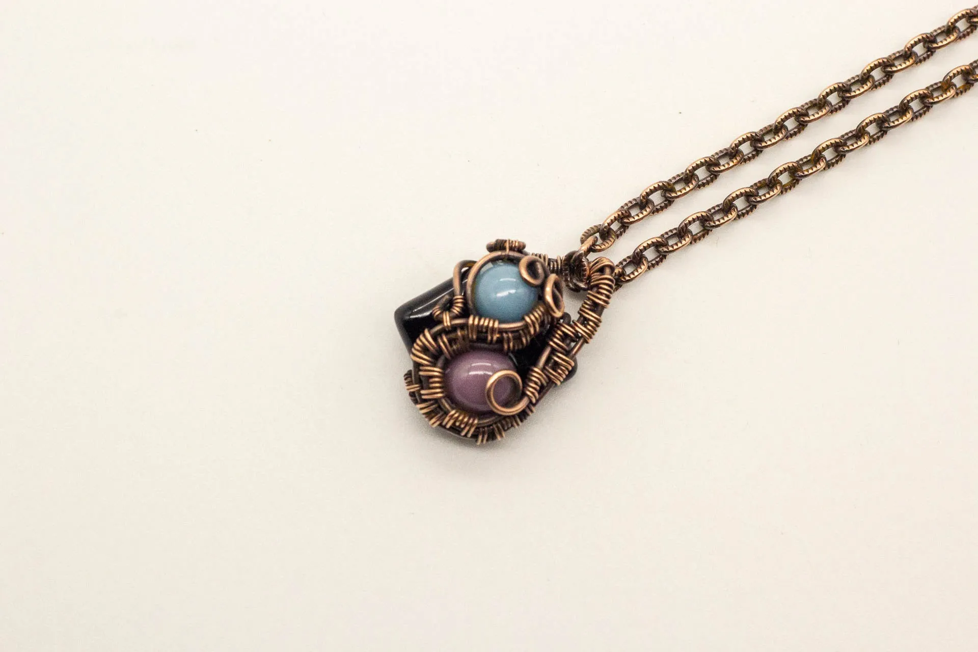 Blue and Purple Mini Pendant with Copper Wire Wrapping